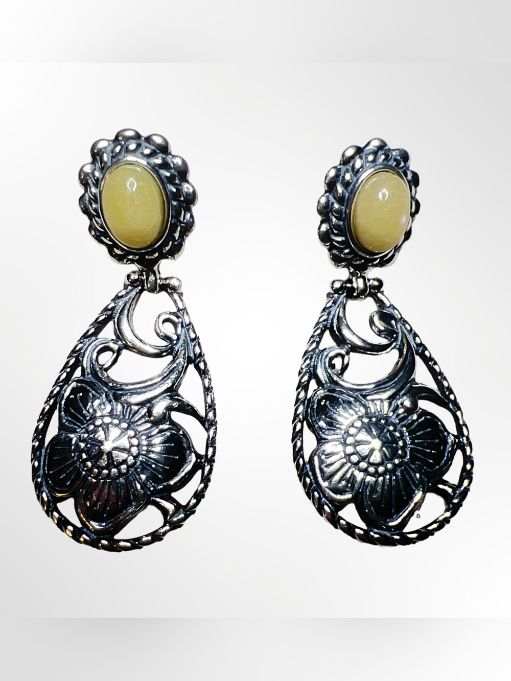 Carolyn Pollack Relios Sterling Silver yellow jasper Flower Inlay 925 Earrings